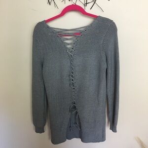 Gray Open corset back sexy knit sweater. Grey